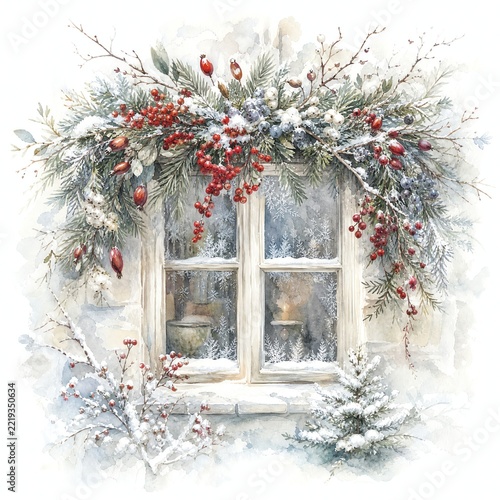 Watercolor Winter Berry Garland Draped Over A Frosty Window