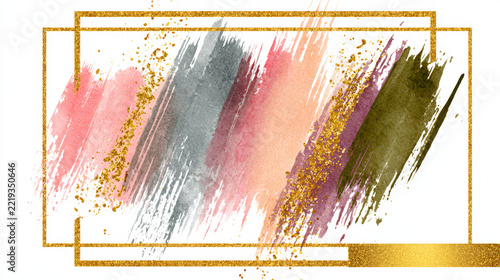 Abstract watercolor composition with expressive brushstroke, gold glitter accent, and overlapping geometric frame on a clean background.