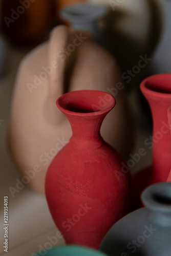 Close-up of handcrafted ceramic vases and pieces