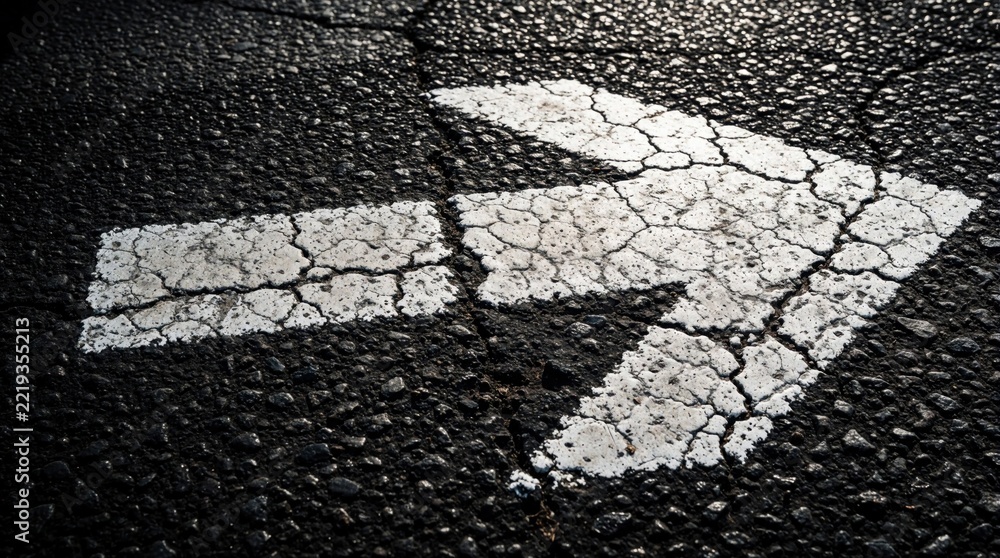 Fototapeta premium White arrow sign painted on dark asphalt road. Directional symbol on cracked pavement surface. Wayfinding mark for traffic flow walking path. Ground level view of road marking shows weathered