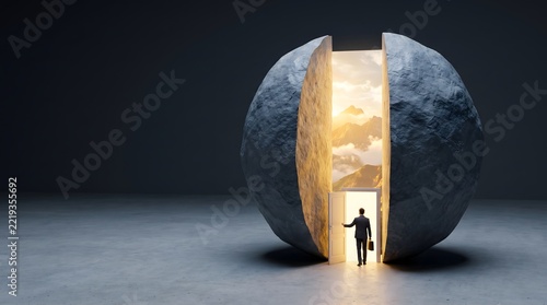 A man in a suit walks through a glowing doorway inside a geode-like sphere. The opening reveals a sky filled with clouds and warm light, suggesting a journey into a new dimension or opportunity