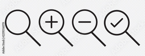 Set of Five Black Outline Circle Icons for Search, Add, Remove, Check and Checklist Vector

