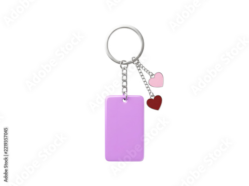 Purple rectangular blank keychain with small heart charms as isolated on transparent background