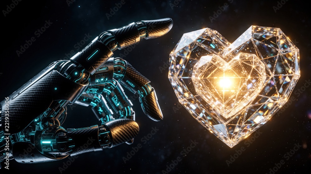 Fototapeta premium Futuristic robotic hand reaches toward glowing crystal heart. Cybernetic bionic arm touches luminous geometric shape in dark space. Artificial intelligence concept shows machine learning emotions