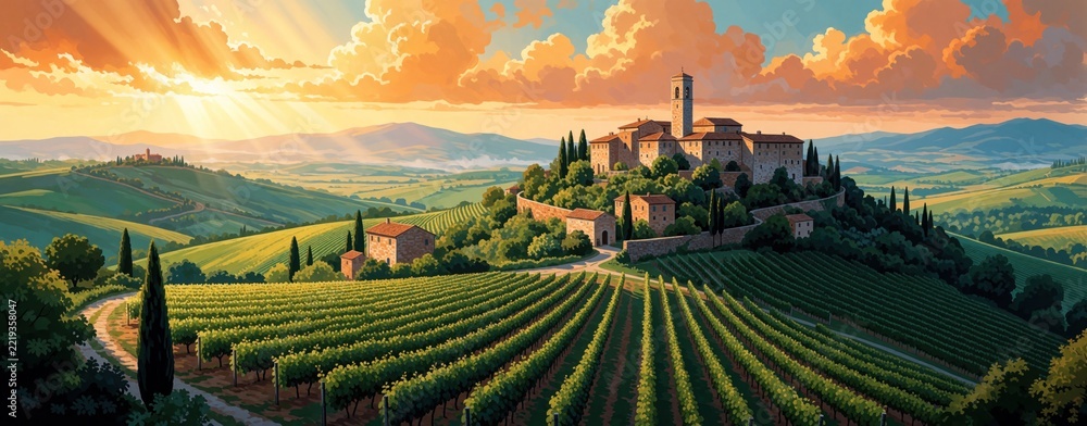 Fototapeta premium Beautiful Tuscany landscape illustration with old village on hill. Green vineyard fields spread across valley under golden sunset sky. Mediterranean countryside scenery with cypress trees, stone