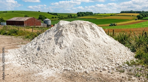 Pile of agricultural lime in countryside with fields and barn in background. This agricultural lime is used to enhance soil quality and improve crop yields in farming.