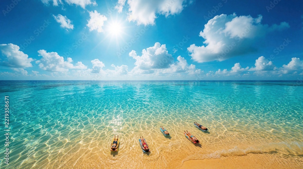 Fototapeta premium Aerial view of tropical beach with crystal clear turquoise water, golden sand. Small people swim, float in shallow ocean. Bright sun shines in blue sky with white clouds. Perfect summer vacation at