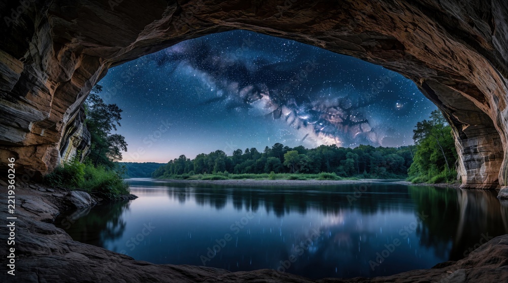 Fototapeta premium Starry night sky with Milky Way galaxy visible through large natural stone arch. Calm river reflects bright stars, cosmic nebula. Dark rock cave overlooks forest landscape, peaceful water under deep