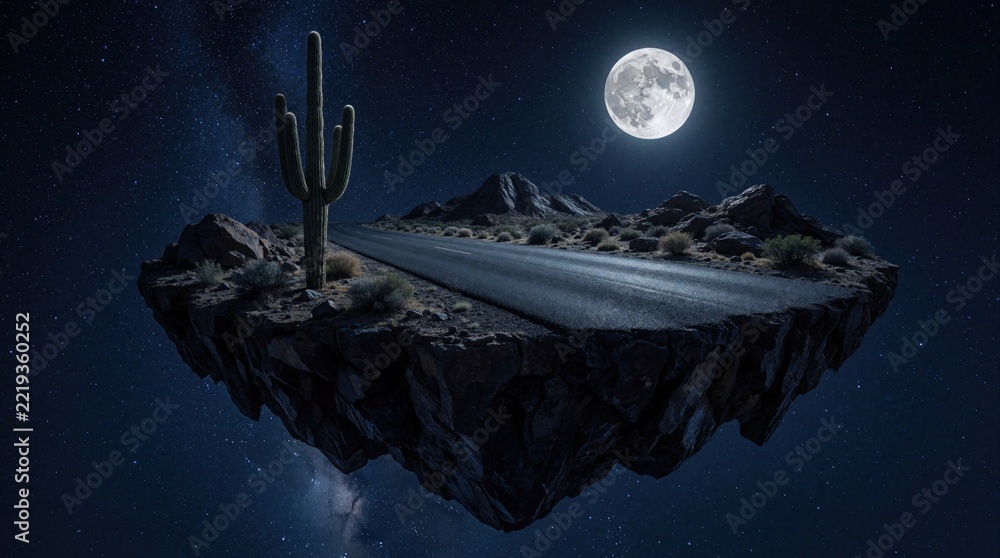 Fototapeta premium Surreal floating desert island with asphalt road, tall cactus under night sky. Moon shines bright above rocky land in outer space. Fantasy landscape with dark mountains, stars creates dreamy