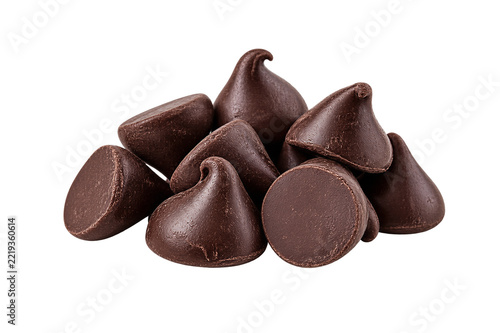 Pile of dark chocolate morsels, cocoa drops isolated on transparent background. Baking ingredients, confectionery, sweet dessert, culinary decoration.