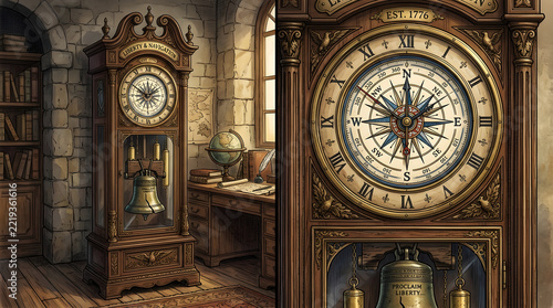 Vintage wooden grandfather clock in antique study, ornate pendulum floor clock detail, classic interior decor concept isolated on White Background