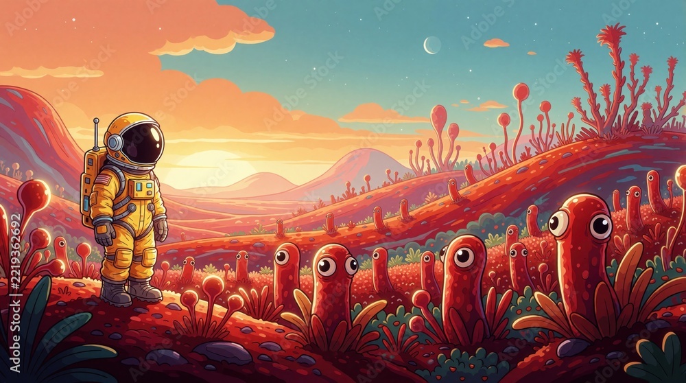 Fototapeta premium Astronaut explores alien planet with strange red plants, funny creatures. Sci-fi adventure in colorful cartoon style. Explorer discovers extraterrestrial life forms on distant world under sunset sky.