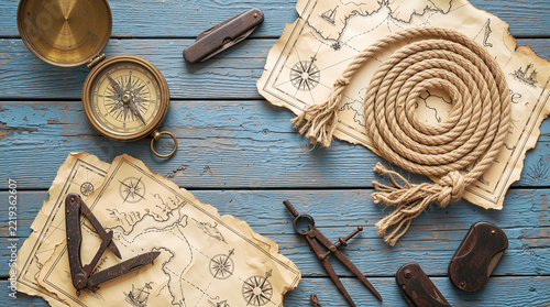 Vintage Nautical Adventure Flat Lay with Antique Brass Compass, Old Treasure Map, Coiled Marine Rope, and Navigation Tools on Rustic Blue Wood Table