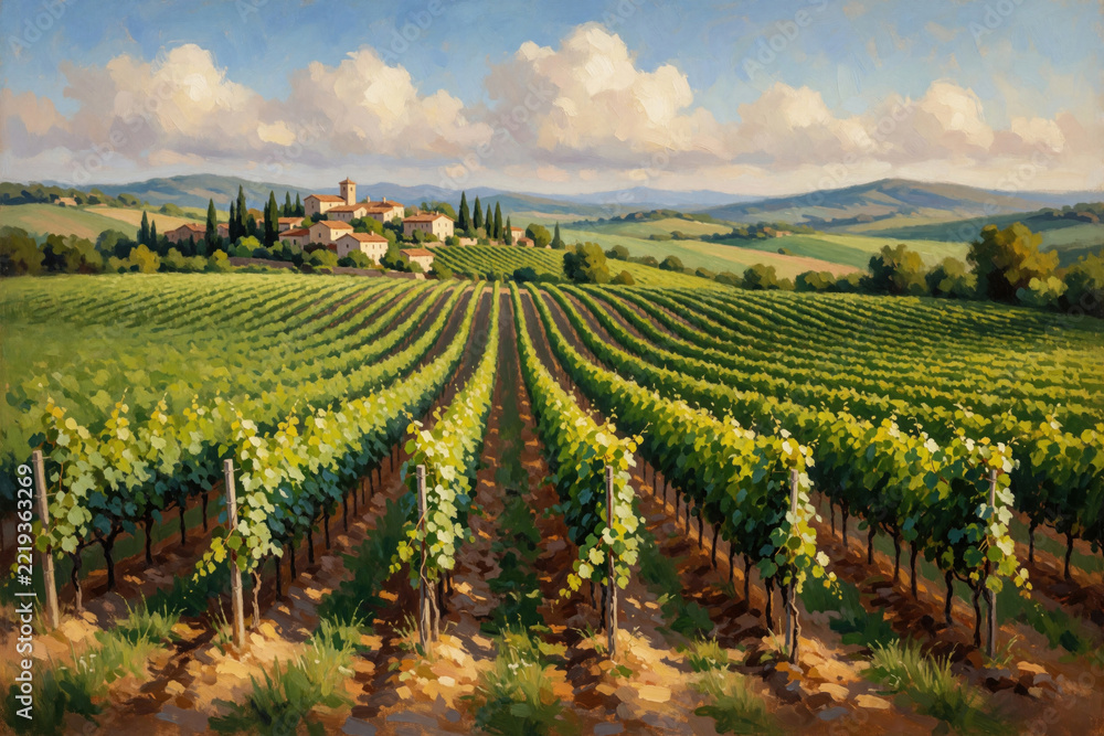 Fototapeta premium Scenic view of green vineyard in Tuscany Italy. Rows of grape vines grow on sunny hills under blue sky with clouds. Small old village sits on hilltop overlooking agriculture farm land, beautiful