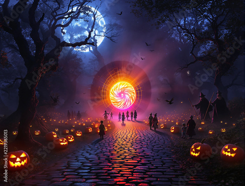 Cinematic Halloween scene of a dark enchanted forest with a glowing magical portal, jack-o'-lanterns.