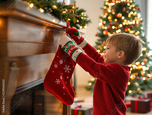 young child hanging a Christmas stocking on a fireplace mantel. Warm indoor lighting and a decorated Christmas tree create a cozy, festive holiday atmosphere.