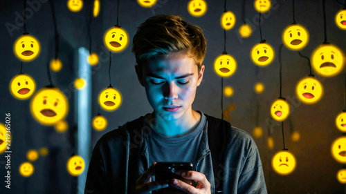 Conceptual image of a worried boy looking down at his smartphone surrounded by floating angry, sad, and shocked emojis