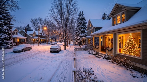 Cozy snow covered suburban street at dusk with illuminated houses and Christmas trees.
