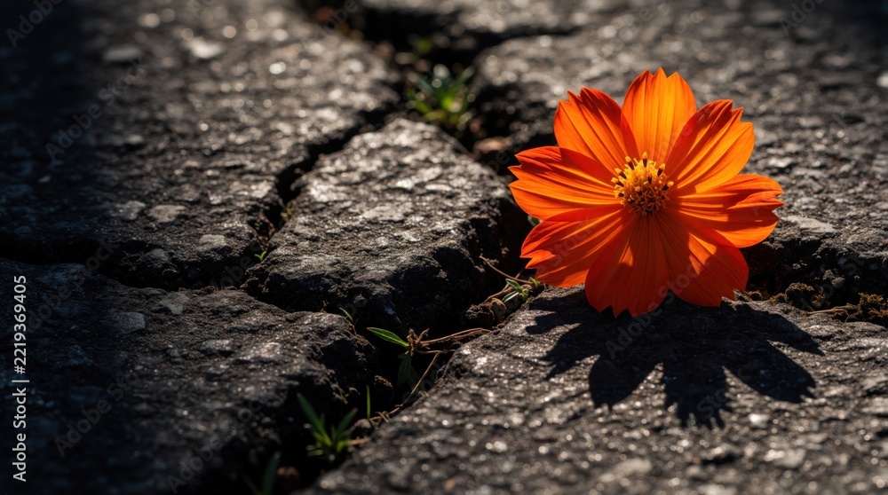 Fototapeta premium Bright orange cosmos flower grows through cracks in dark asphalt road. Colorful wildflower blooms amidst broken pavement in urban environment. Strong plant shows life resilience, natural beauty