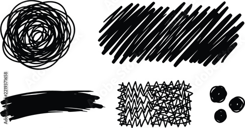 Hand Drawn Scribble and Ink Brush Stroke Textured Element Vector Set with Abstract Chaos Tangles, Grungy Smudges, and Hatching Cross Patterns