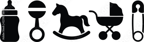Baby Care and Newborn Nursery Silhouette Icon Set Featuring Feeding Bottle, Rattle Toy, Rocking Horse, Stroller Pram, and Safety Pin Symbols