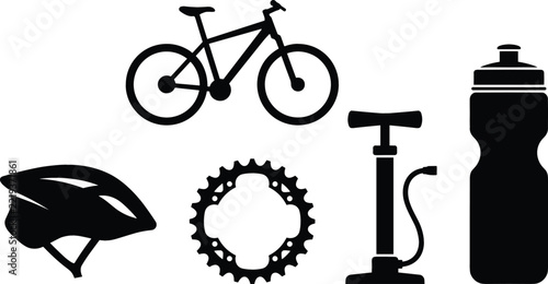 Bicycle Riding and Cycling Accessories Silhouette Icon Set Featuring Mountain Bike, Safety Helmet, Sprocket Chainring, Floor Pump, and Sports Water Bottle Symbols