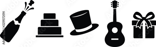 Celebration Event and Party Silhouette Icon Set Featuring Champagne Bottle Popping, Tiered Cake, Top Hat, Acoustic Guitar, and Wrapped Gift Box Symbols