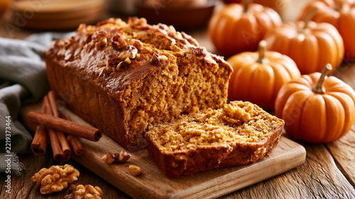 Freshly baked pumpkin bread sliced on a wooden board, cinnamon, walnuts and small pumpkins nearby, cozy autumn kitchen setting, realistic food photography 