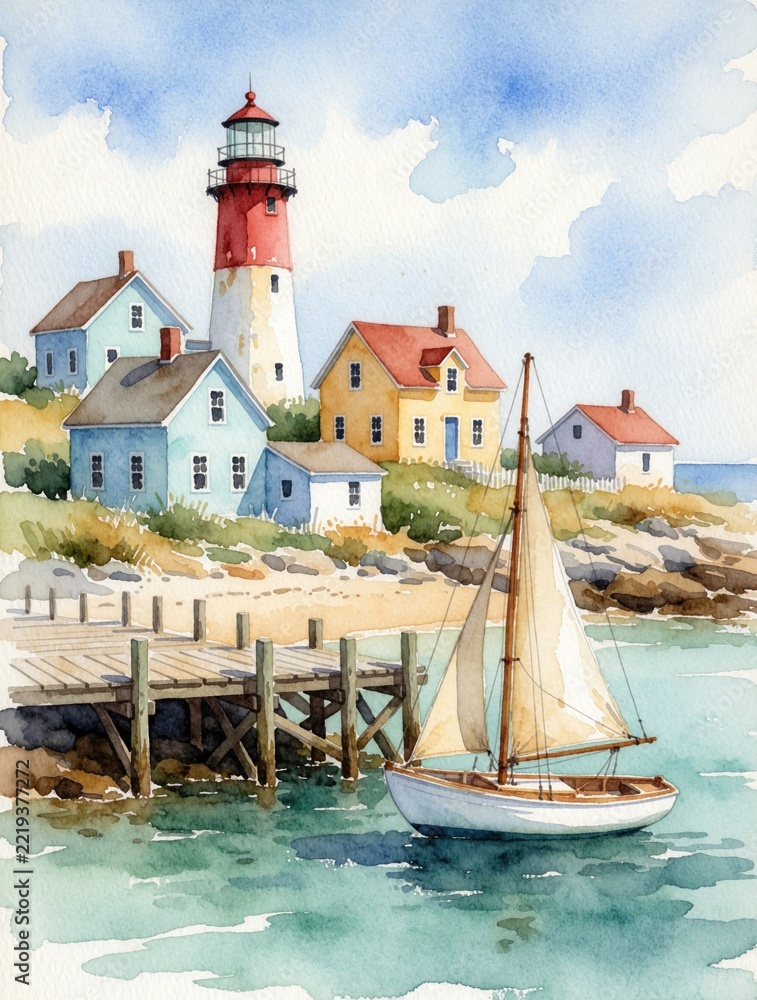 Fototapeta premium Watercolor painting of charming coastal village with tall red lighthouse. Small houses sit near wooden pier on sandy shore. White sailboat floats on calm blue sea water. Peaceful maritime landscape