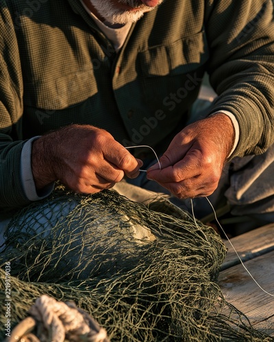 Close-up of a person's hands tying a string onto a fishing net.