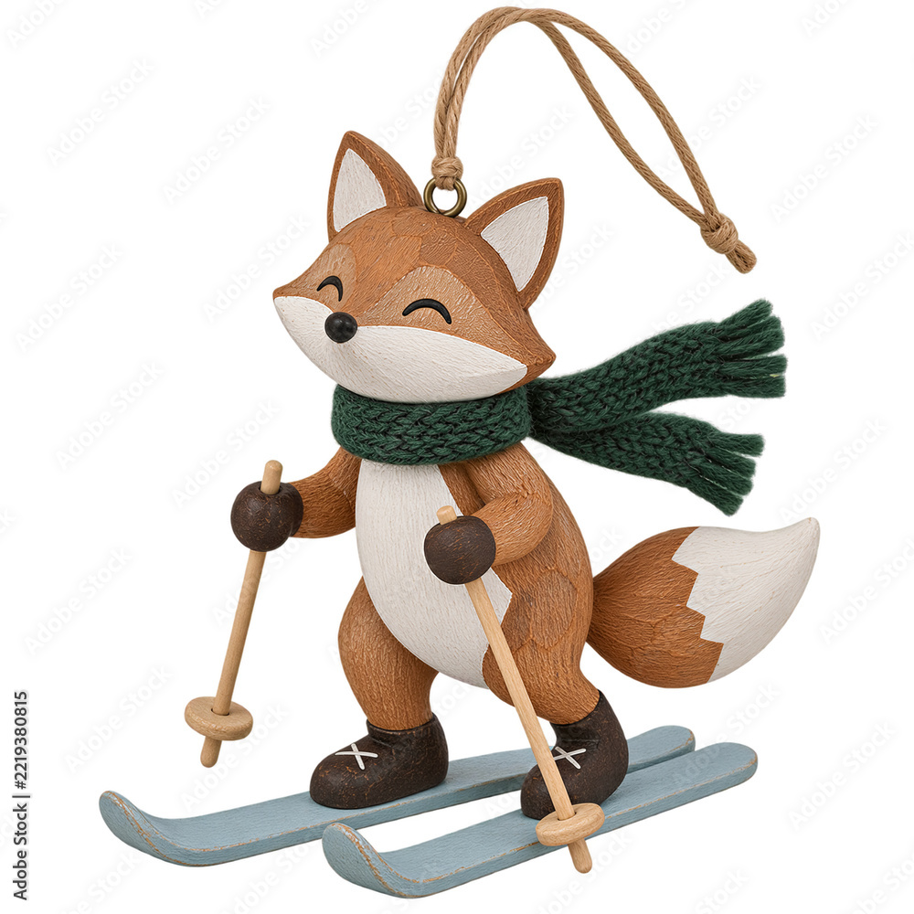 Fototapeta premium Carved wooden fox figurine skiing with poles and green scarf, isolated on a transparent background. Winter sport decoration, holiday ornament, seasonal craft.