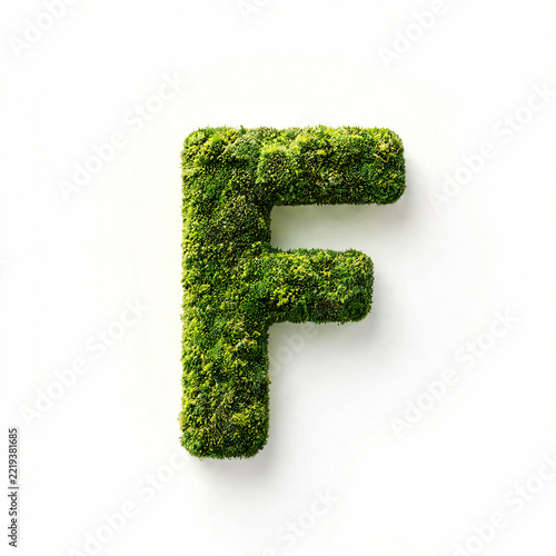 Creative alphabet letters and numbers made entirely of lush green moss, isolated on a clean white background, combining natural organic textures with decorative typography and design