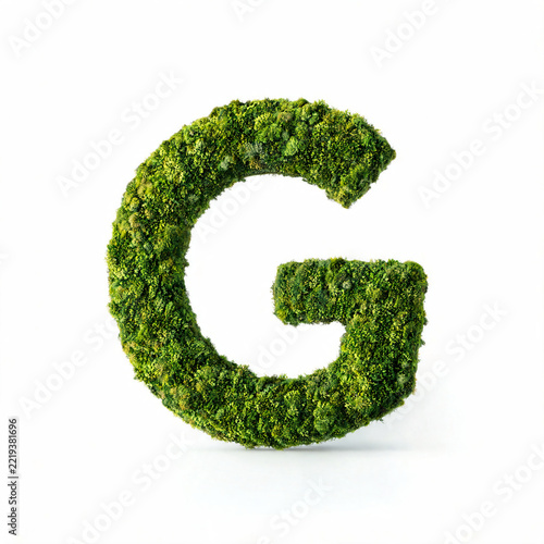 Creative alphabet letters and numbers made entirely of lush green moss, isolated on a clean white background, combining natural organic textures with decorative typography and design