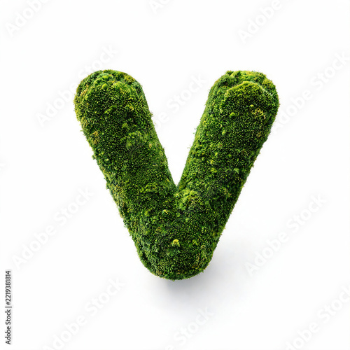 Creative alphabet letters and numbers made entirely of lush green moss, isolated on a clean white background, combining natural organic textures with decorative typography and design