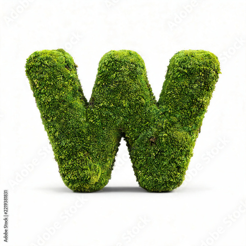 Creative alphabet letters and numbers made entirely of lush green moss, isolated on a clean white background, combining natural organic textures with decorative typography and design