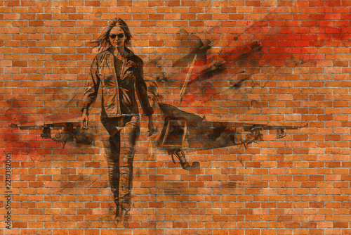 Female Air Force by fighter jet Watercolor Painting on brick surface Texture, Artistic military grunge retro background