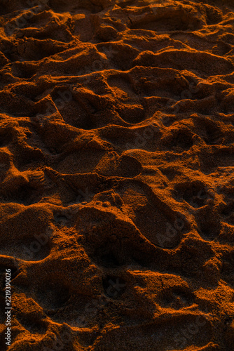 View of footprints in the sand on a beach illuminated by warm golden hour light in the United Kingdom.