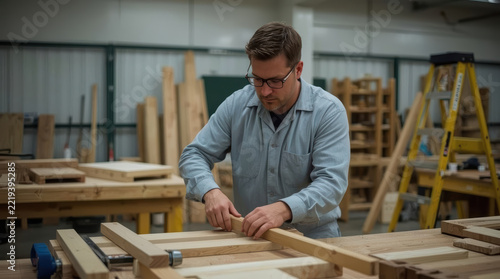 Man practicing carpentry skill in woodworking workshop