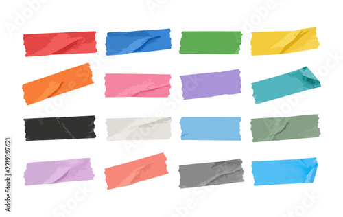 Colorful torn paper tape collection, assorted adhesive masking tape strips with ripped edges isolated on white background