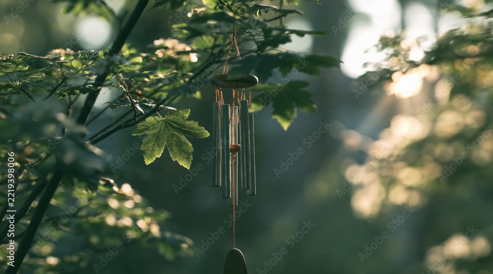 Fototapeta premium Wind chimes hanging on a tree branch illuminated by warm morning sunlight in a peaceful garden