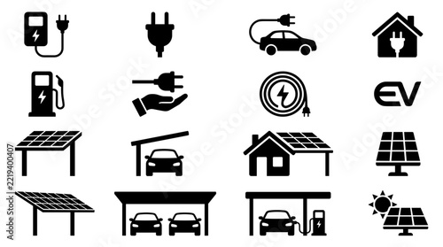 Electric Vehicle Charging Icons Set Solar Power and Home Charging Stations