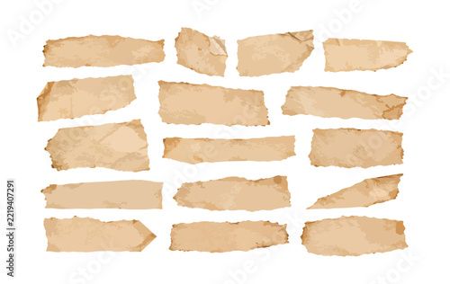 Vintage torn paper texture collection, rustic sepia and brown ripped paper sheets with burnt edges isolated on white background