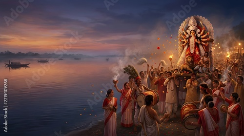 Durga idol immersion ceremony by riverbank at twilight
