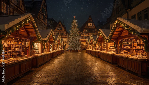 Traditional Christmas market at night with wooden stalls, string lights and illuminated tree in historic town square