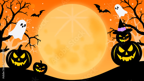 ハロウィン　16:9 素材　カボチャ　幽霊　お化け　ポップ　かわいい　おしゃれ　抽象的　怖い　不気味　キャンペーン　タイトル　見出し　Halloween frame.Orange background with copy space.Ghost,pumpkins,bats,full moon