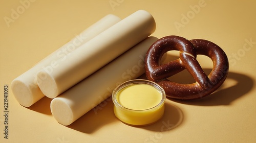 pretzel. A minimalist still life with white sausages, brown pretzel, and yellow mustard. menu design, packaging mockups, designed for culinary blogs and recipe cards for restaurants.