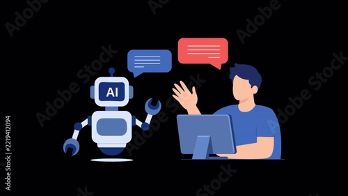 Animated Man Interacting with Artificial Intelligence Robot via Computer - Transparent