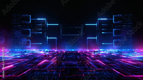 Futuristic glowing esports tournament bracket stage with neon lights