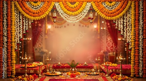 Traditional indian festive background with marigold flowers, oil lamps, and warm glowing light for celebration
