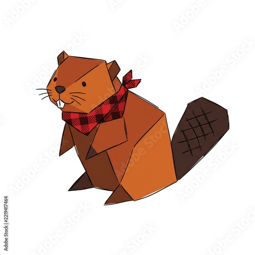 Geometric Beaver Character with Plaid Scarf and Tail